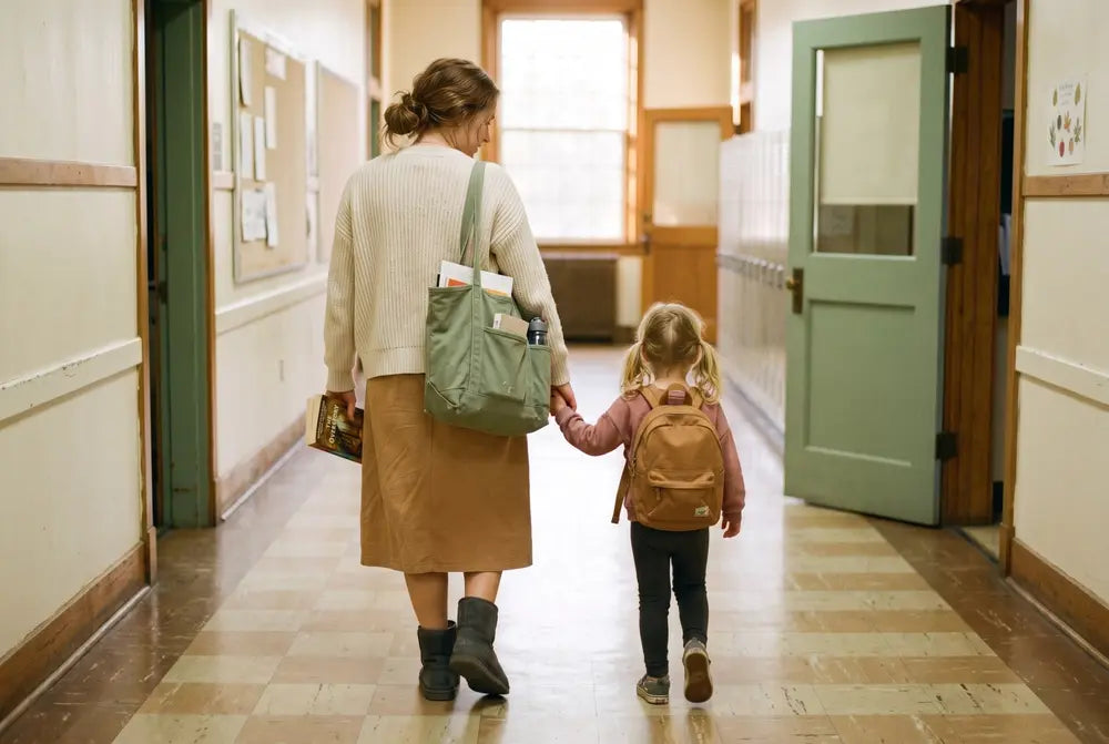 Teacher mom walking with her child through a school hallway